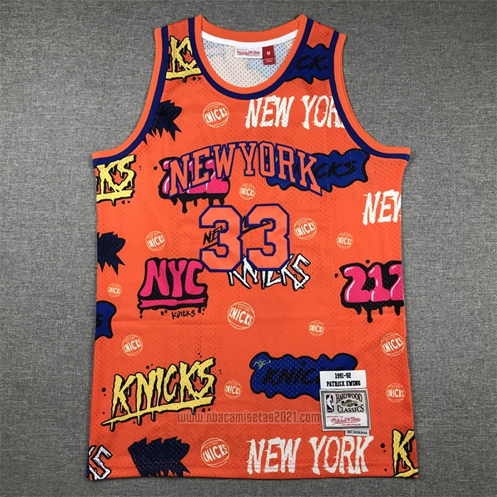 Camiseta New York Knicks Patrick Ewing #33 Slap Sticker Mitchell & Ness 1991-92 Naranja
